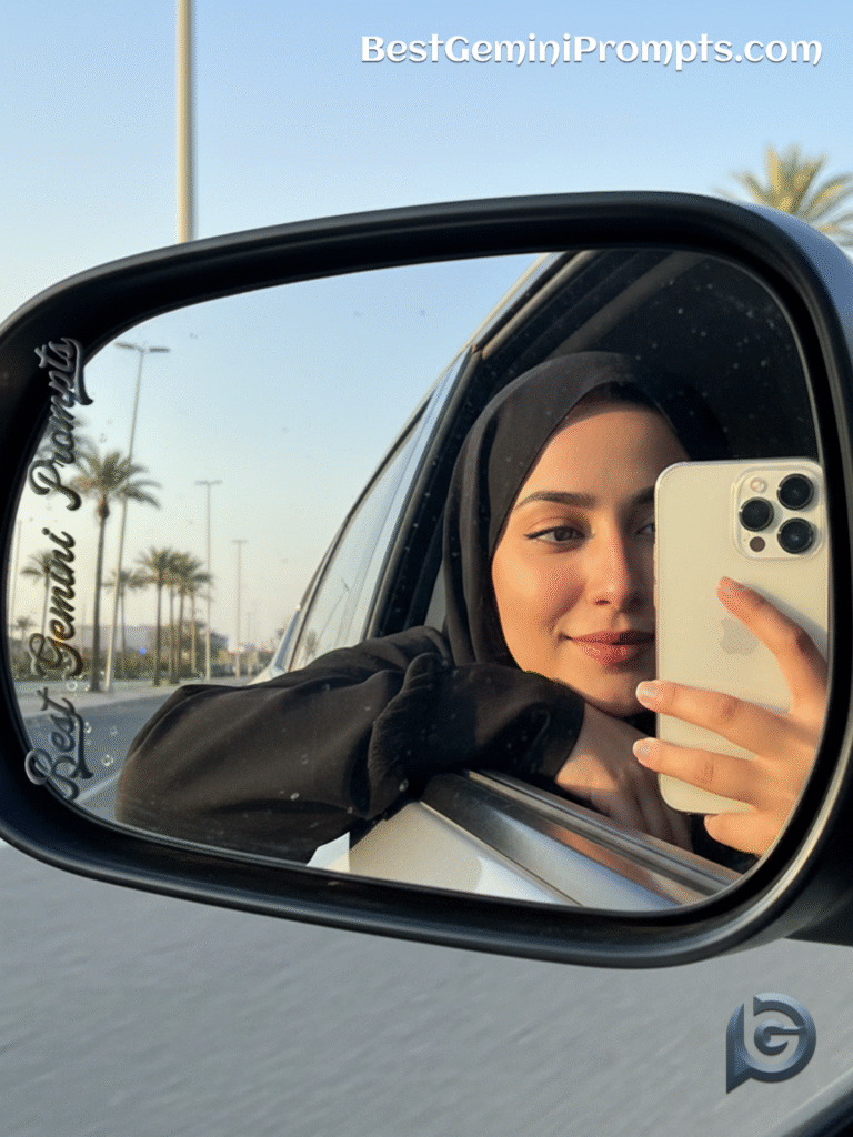 Hijab Car Mirror Portrait | BestGeminiPrompts.com