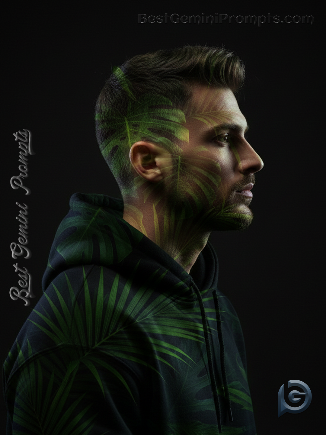 Tropical Leaves Double Exposure Portrait | BestGeminiPrompts.com