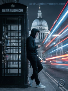 Man at London Phone Booth Night Trails | BestGeminiPrompts.com