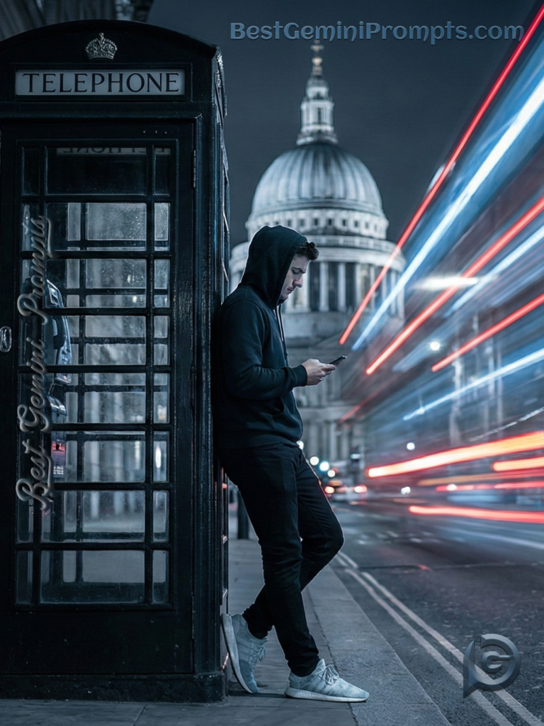 Man at London Phone Booth Night Trails | BestGeminiPrompts.com