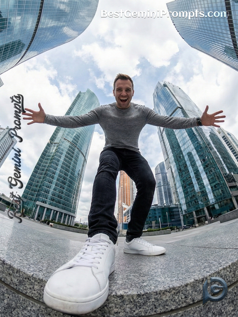 Dramatic Fisheye Urban Portrait Man | BestGeminiPrompts.com