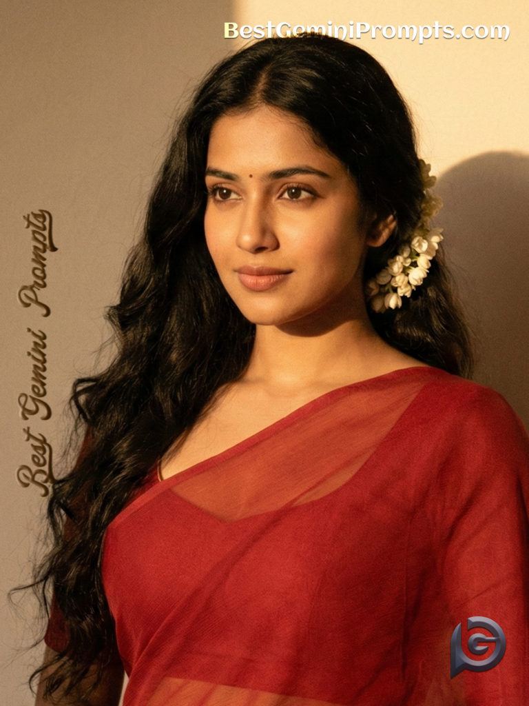 4K Retro Portrait Young Indian Woman Red Saree | BestGeminiPrompts.com